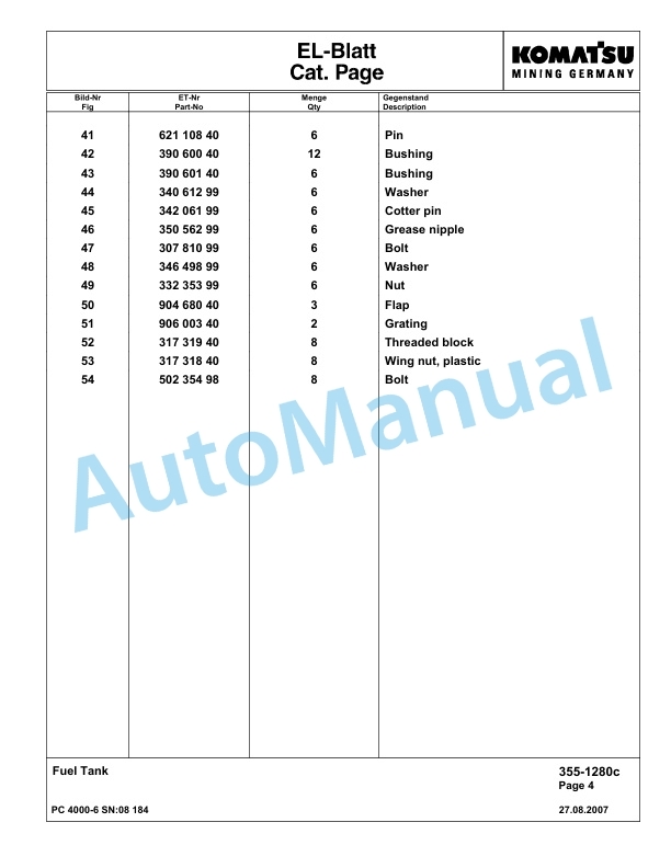 Komatsu PC4000-6 Hydraulic Excavator Parts Manual G08184-2