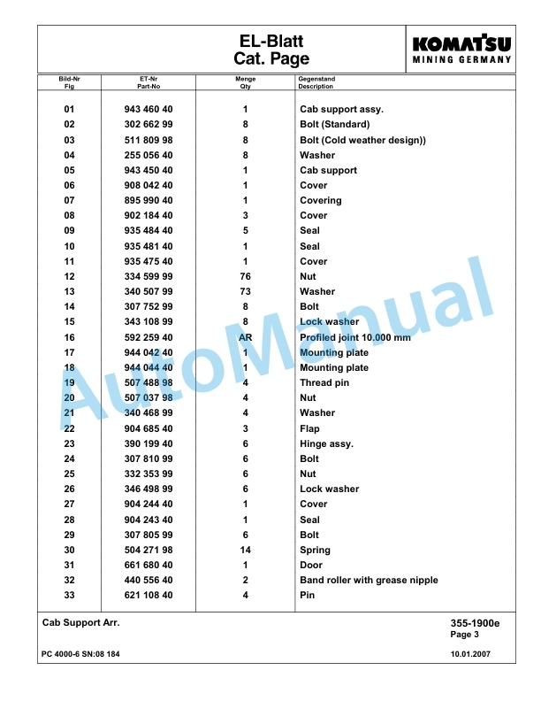 Komatsu PC4000-6 Hydraulic Excavator Parts Manual G08184-3