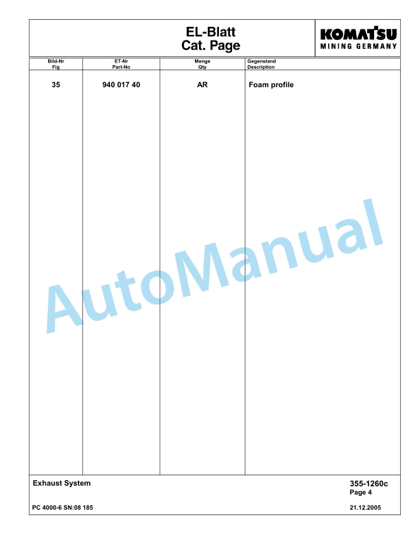 Komatsu PC4000-6 Hydraulic Excavator Parts Manual G08185-2
