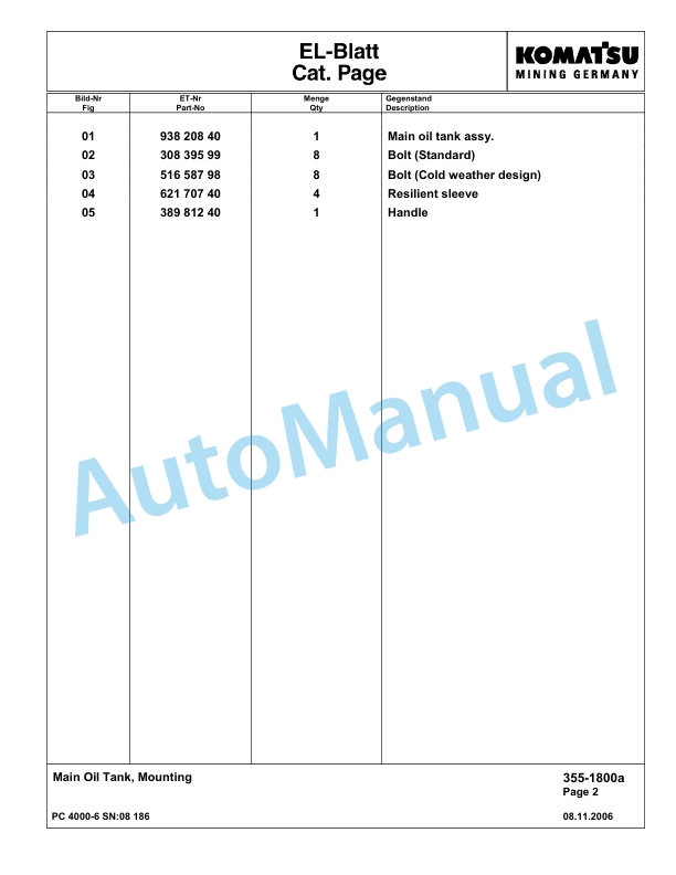 Komatsu PC4000-6 Hydraulic Excavator Parts Manual G08186-2