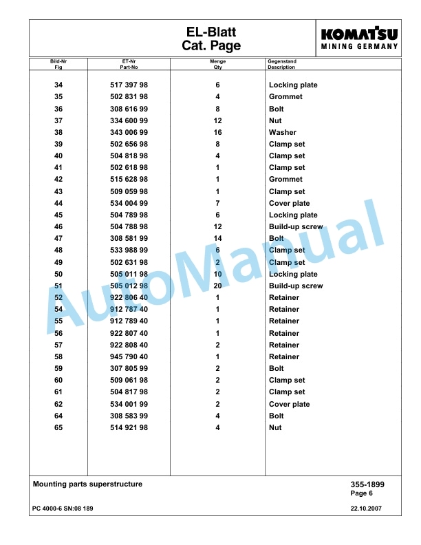 Komatsu PC4000-6 Hydraulic Excavator Parts Manual G08189-3