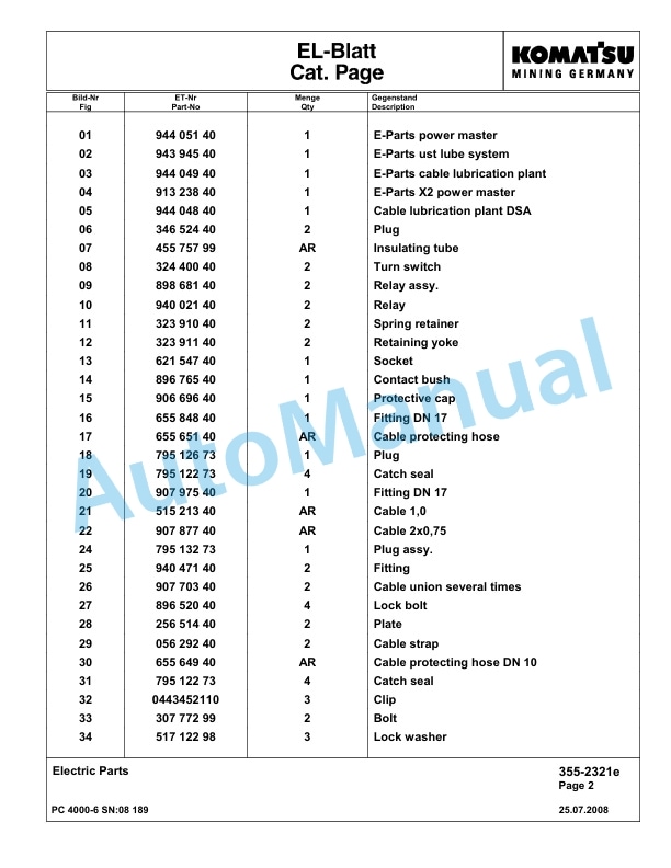 Komatsu PC4000-6 Hydraulic Excavator Parts Manual G08189-4