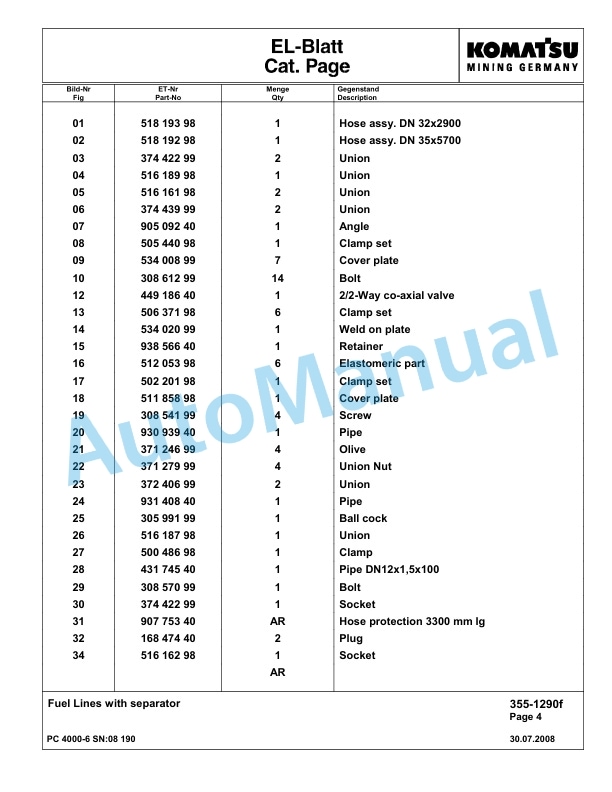 Komatsu PC4000-6 Hydraulic Excavator Parts Manual G08190-2
