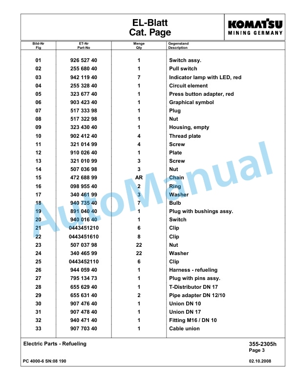 Komatsu PC4000-6 Hydraulic Excavator Parts Manual G08190-4