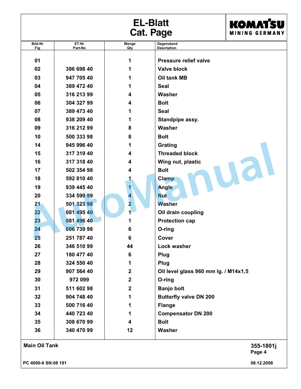 Komatsu PC4000-6 Hydraulic Excavator Parts Manual G08191-2