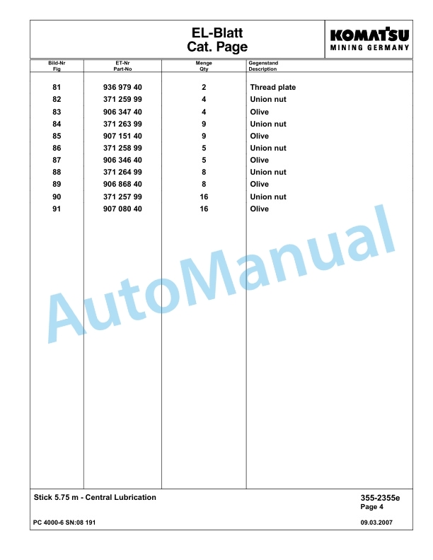 Komatsu PC4000-6 Hydraulic Excavator Parts Manual G08191-4