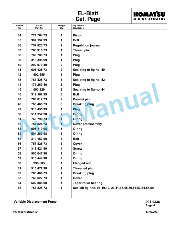 Komatsu PC4000-6 Hydraulic Excavator Parts Manual G08191-5