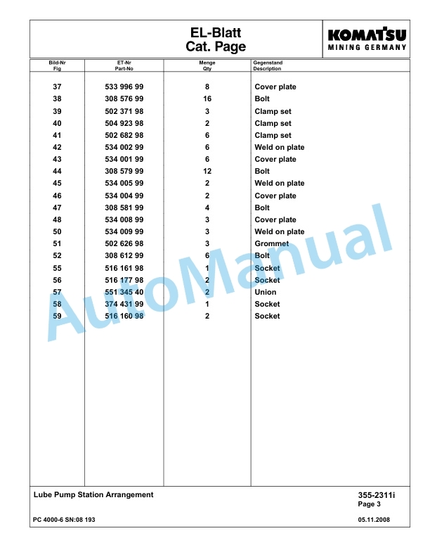 Komatsu PC4000-6 Hydraulic Excavator Parts Manual G08193-4