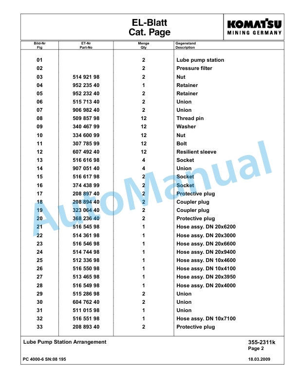 Komatsu PC4000-6 Hydraulic Excavator Parts Manual G08195-4