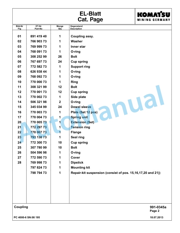 Komatsu PC4000-6 Hydraulic Excavator Parts Manual G08195-5
