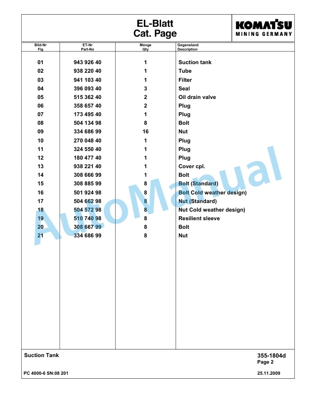 Komatsu PC4000-6 Hydraulic Excavator Parts Manual G08201-2