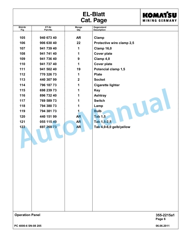 Komatsu PC4000-6 Hydraulic Excavator Parts Manual G08205-3