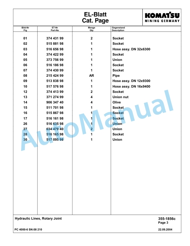 Komatsu PC4000-6 Hydraulic Excavator Parts Manual G08210-5