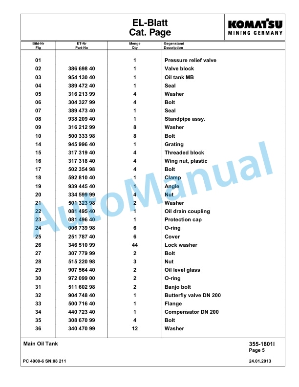 Komatsu PC4000-6 Hydraulic Excavator Parts Manual G08211-2