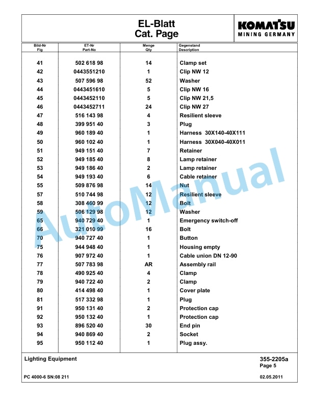 Komatsu PC4000-6 Hydraulic Excavator Parts Manual G08211-3