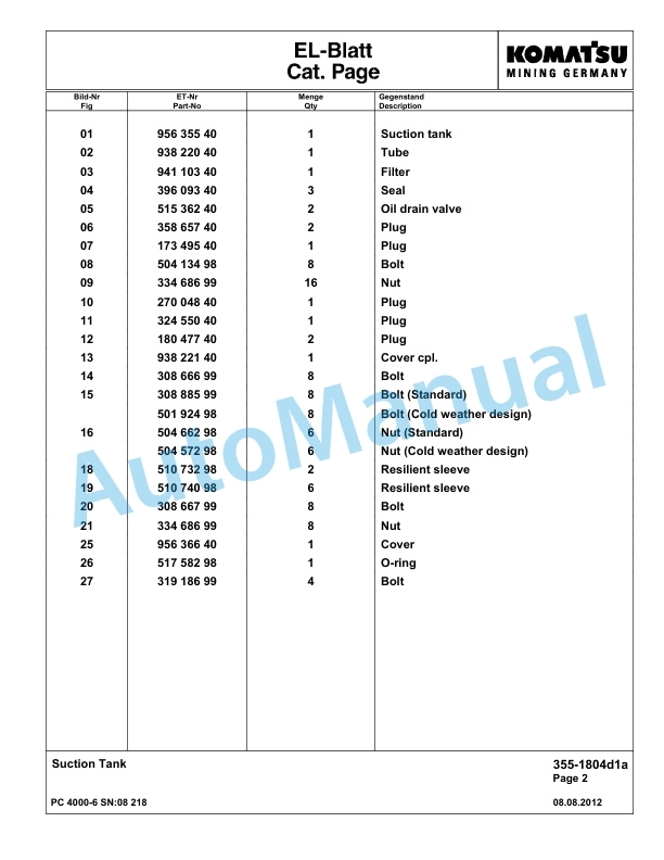 Komatsu PC4000-6 Hydraulic Excavator Parts Manual G08218-2