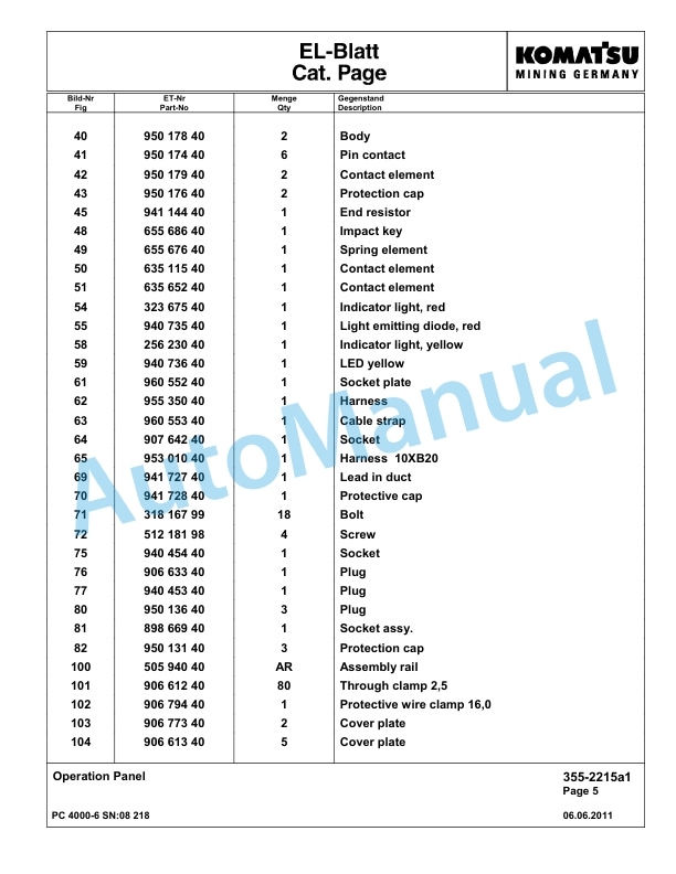 Komatsu PC4000-6 Hydraulic Excavator Parts Manual G08218-3