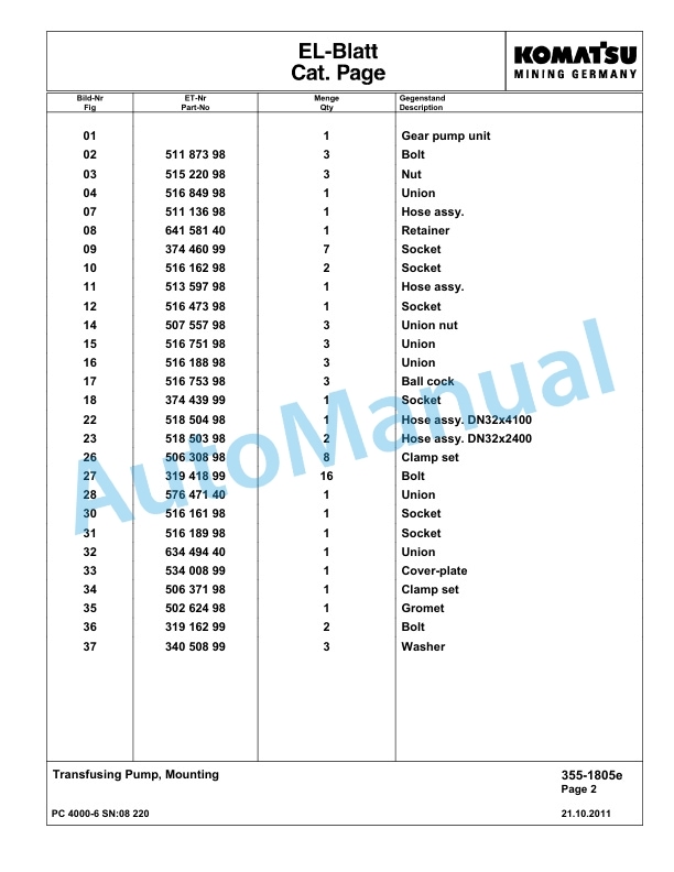 Komatsu PC4000-6 Hydraulic Excavator Parts Manual G08220-2