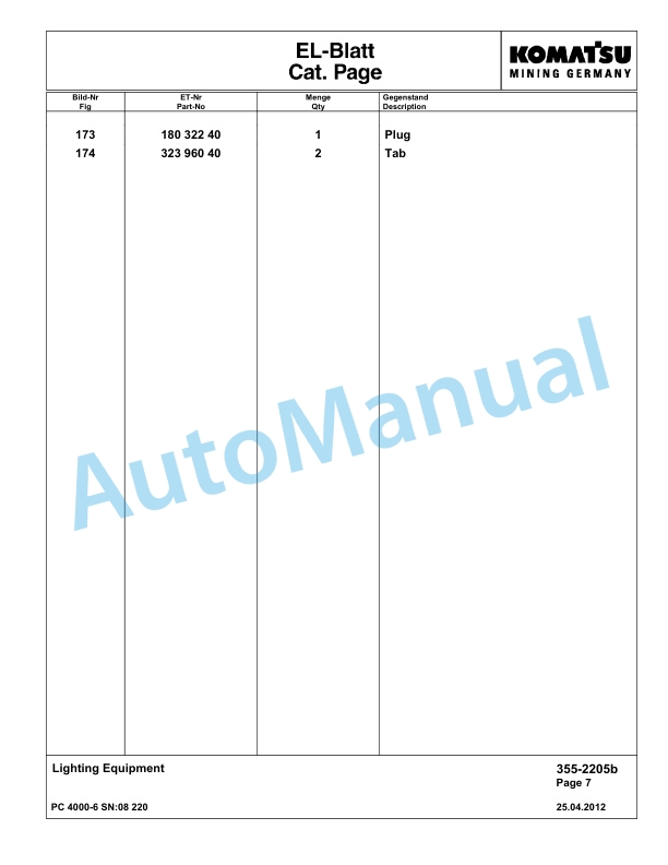 Komatsu PC4000-6 Hydraulic Excavator Parts Manual G08220-3
