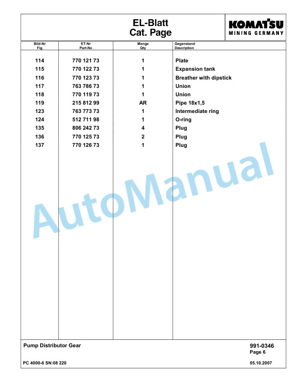 Komatsu PC4000-6 Hydraulic Excavator Parts Manual G08220-5