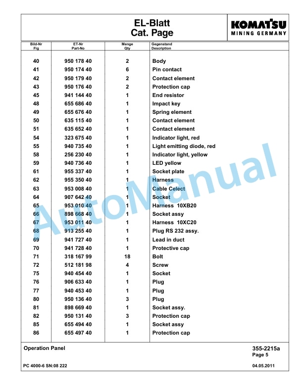 Komatsu PC4000-6 Hydraulic Excavator Parts Manual G08222-3