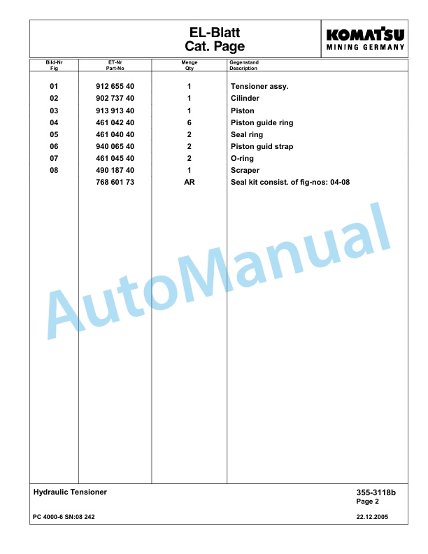 Komatsu PC4000-6 Hydraulic Excavator Parts Manual G08242-2