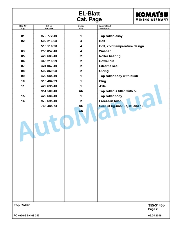 Komatsu PC4000-6 Hydraulic Excavator Parts Manual G08247-2