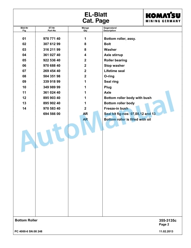 Komatsu PC4000-6 Hydraulic Excavator Parts Manual G08248-2