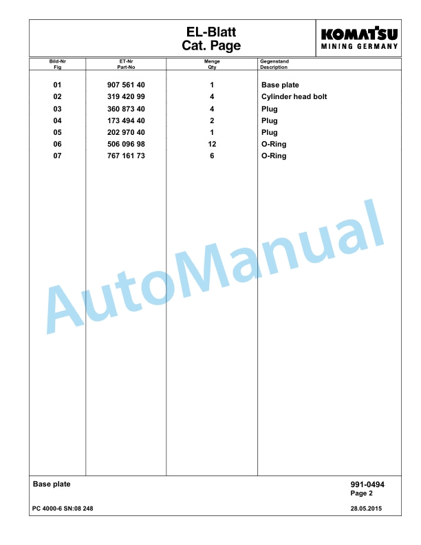 Komatsu PC4000-6 Hydraulic Excavator Parts Manual G08248-5