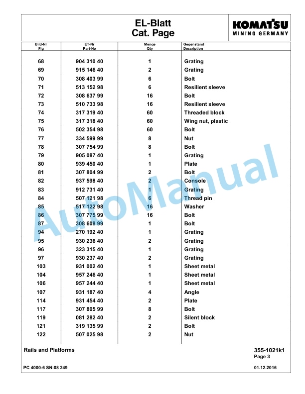 Komatsu PC4000-6 Hydraulic Excavator Parts Manual G08249-2