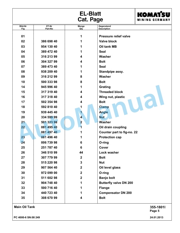 Komatsu PC4000-6 Hydraulic Excavator Parts Manual G08249-3