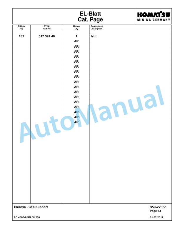 Komatsu PC4000-6 Hydraulic Excavator Parts Manual G08250-4