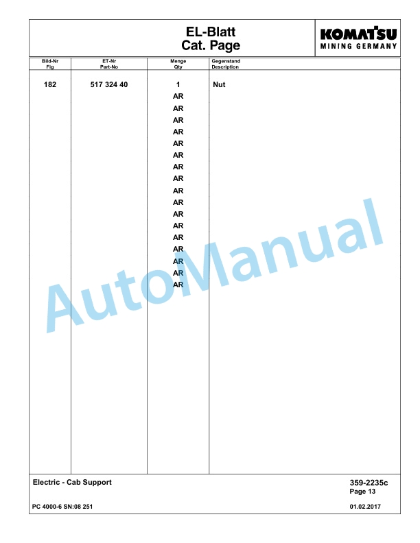 Komatsu PC4000-6 Hydraulic Excavator Parts Manual G08251-4