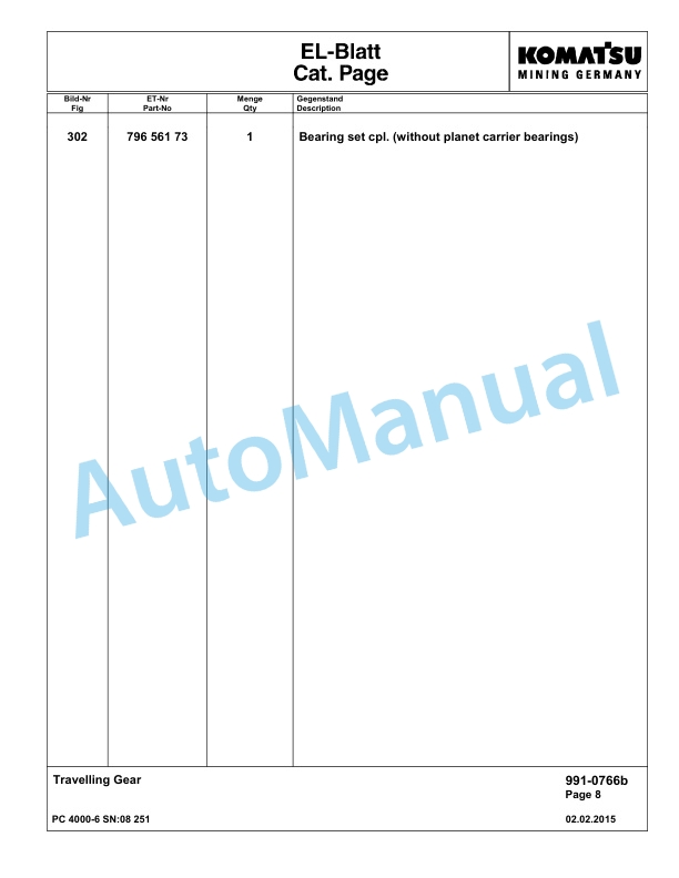 Komatsu PC4000-6 Hydraulic Excavator Parts Manual G08251-5
