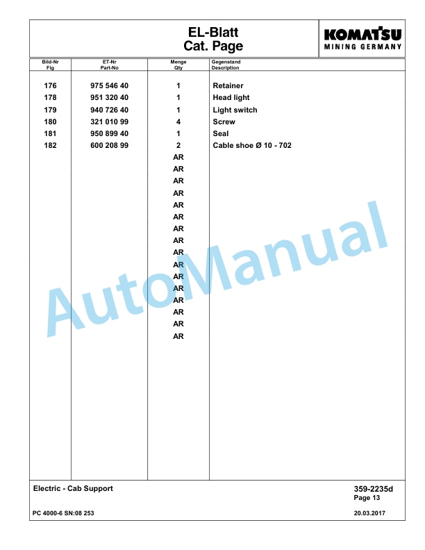 Komatsu PC4000-6 Hydraulic Excavator Parts Manual G08253-4