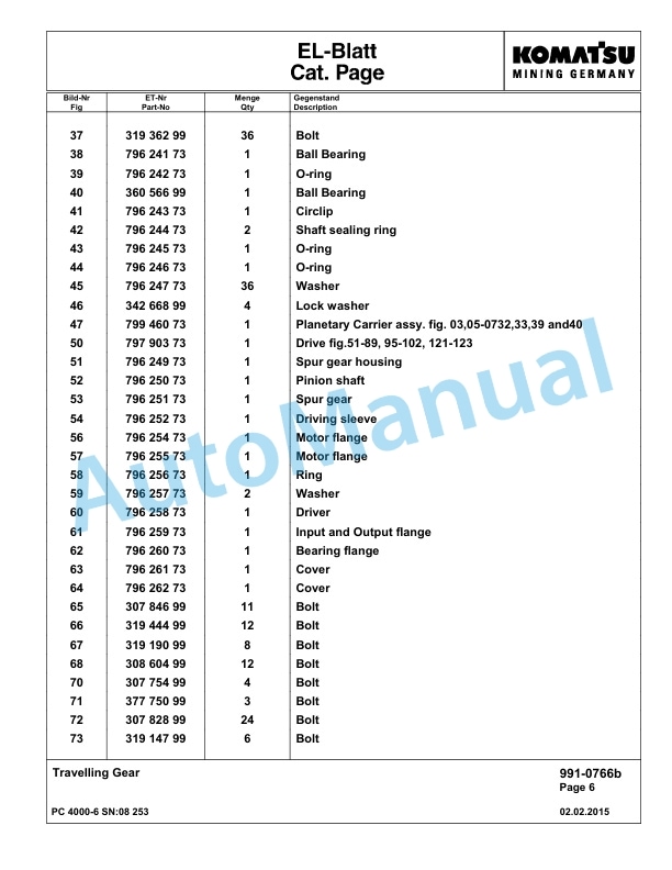 Komatsu PC4000-6 Hydraulic Excavator Parts Manual G08253-5