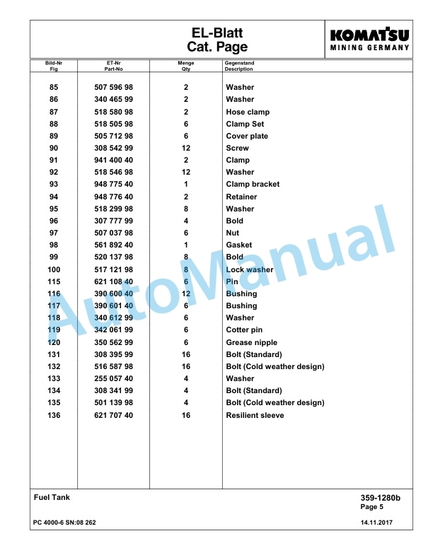 Komatsu PC4000-6 Hydraulic Excavator Parts Manual G08262-3