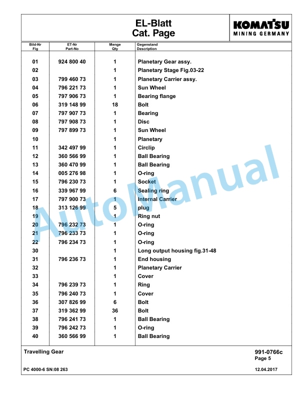 Komatsu PC4000-6 Hydraulic Excavator Parts Manual G08263-5