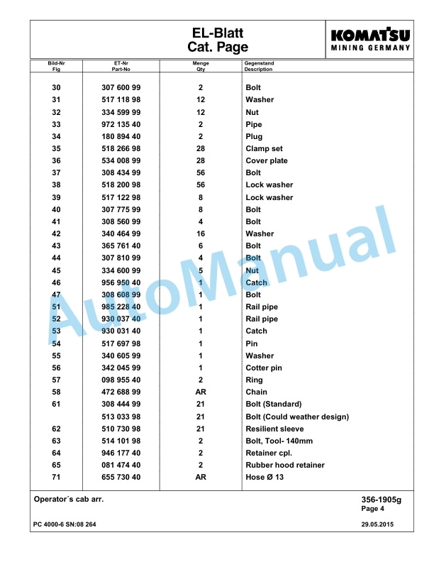 Komatsu PC4000-6 Hydraulic Excavator Parts Manual G08264-3