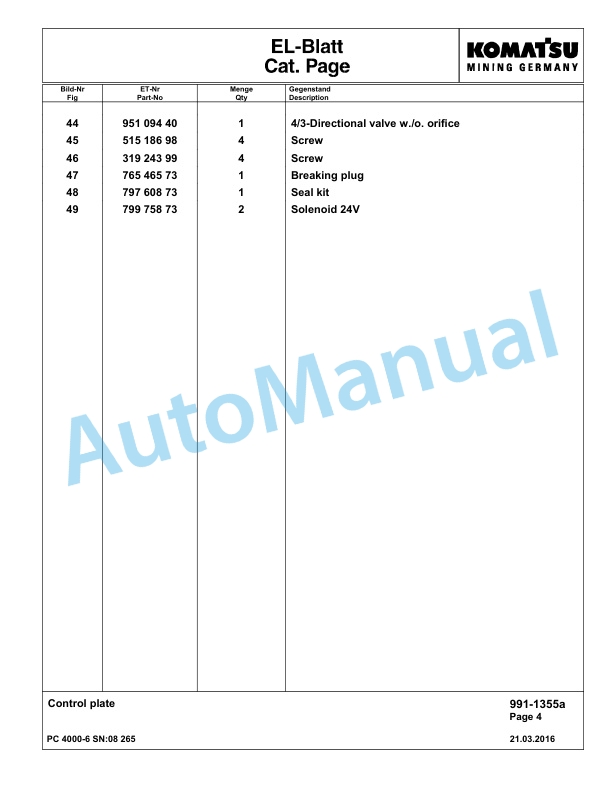 Komatsu PC4000-6 Hydraulic Excavator Parts Manual G08265-5