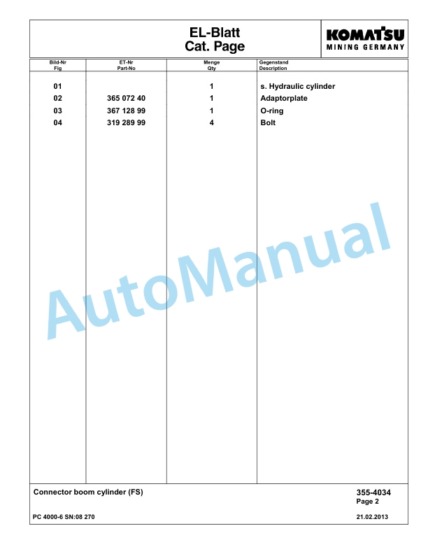 Komatsu PC4000-6 Hydraulic Excavator Parts Manual G08270-2