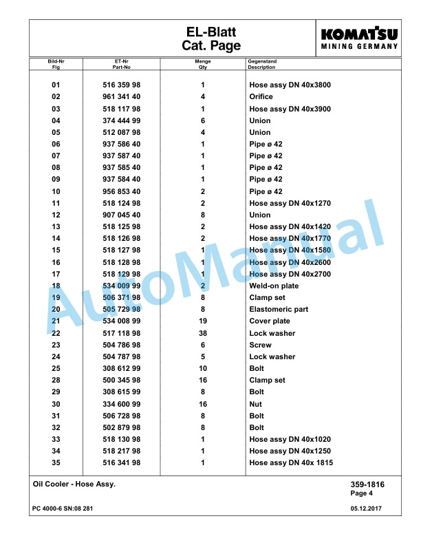 Komatsu PC4000-6 Hydraulic Excavator Parts Manual G08281-4