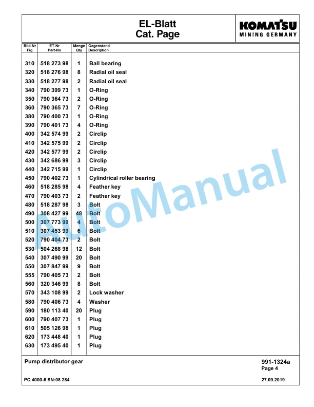 Komatsu PC4000-6 Hydraulic Excavator Parts Manual G08284-5