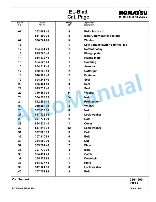 Komatsu PC4000-6 Hydraulic Excavator Parts Manual G08285-3