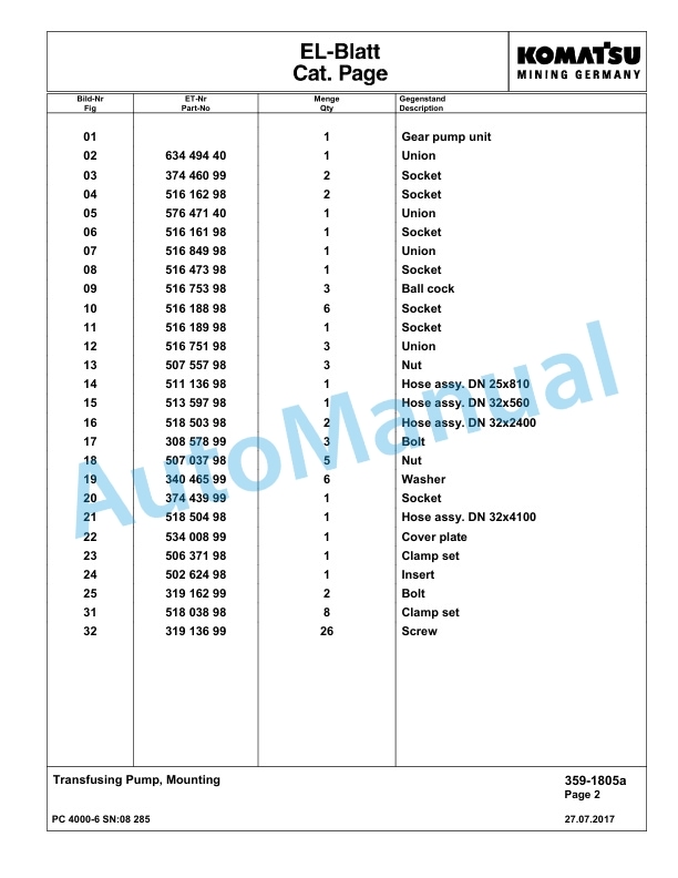 Komatsu PC4000-6 Hydraulic Excavator Parts Manual G08285-4