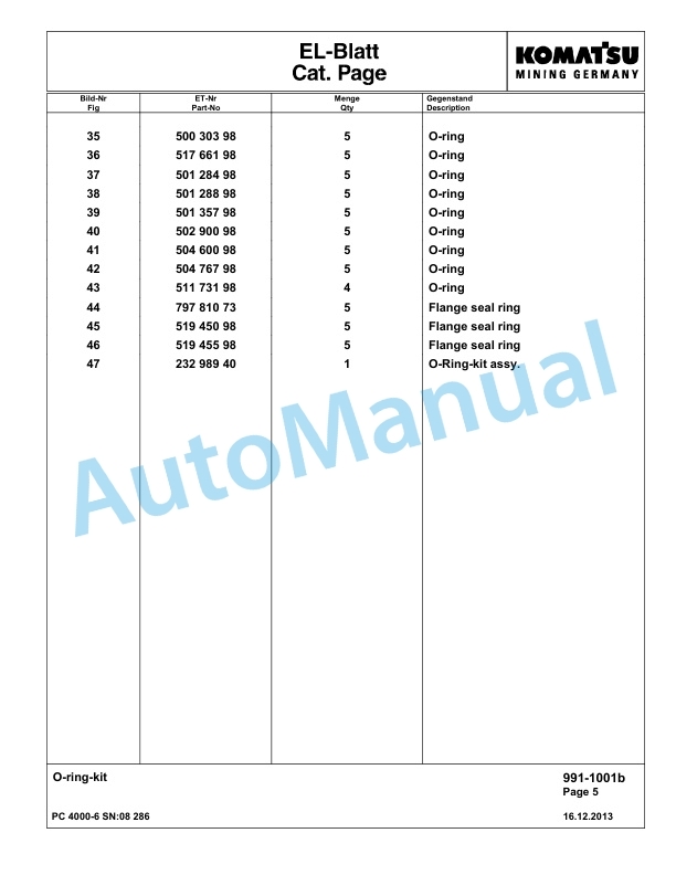 Komatsu PC4000-6 Hydraulic Excavator Parts Manual G08286-5