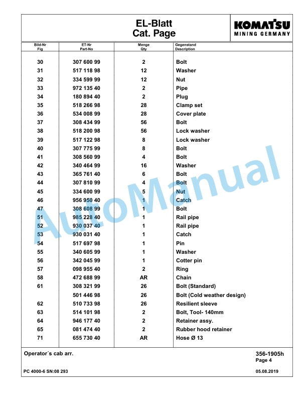 Komatsu PC4000-6 Hydraulic Excavator Parts Manual G08293-3