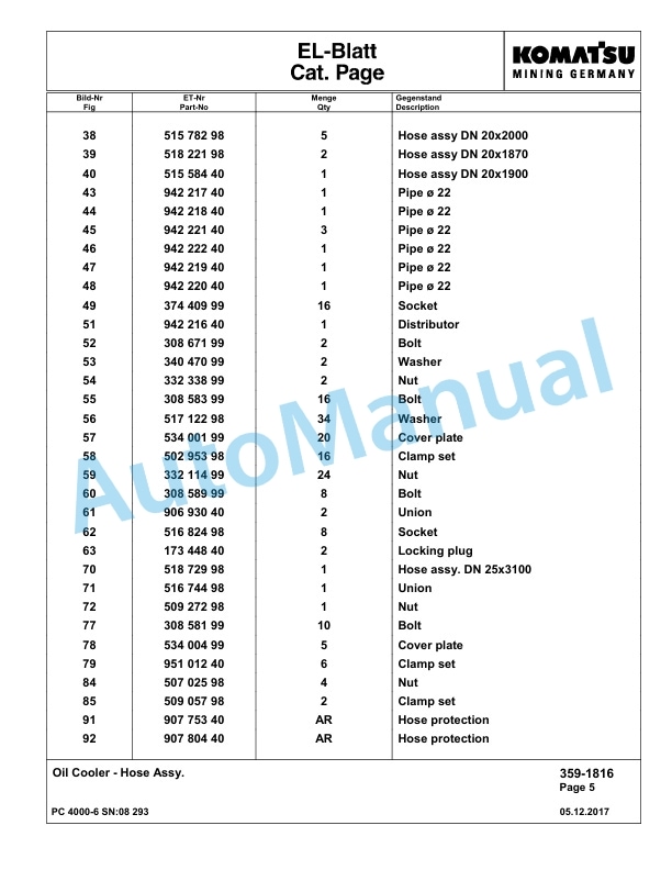 Komatsu PC4000-6 Hydraulic Excavator Parts Manual G08293-4