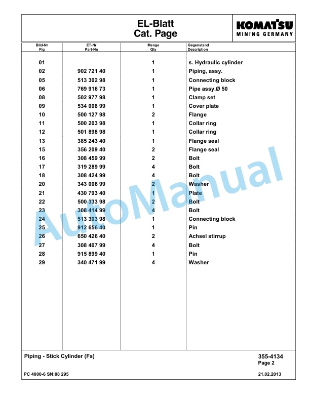 Komatsu PC4000-6 Hydraulic Excavator Parts Manual G08295-2