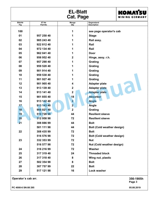Komatsu PC4000-6 Hydraulic Excavator Parts Manual G08295-3